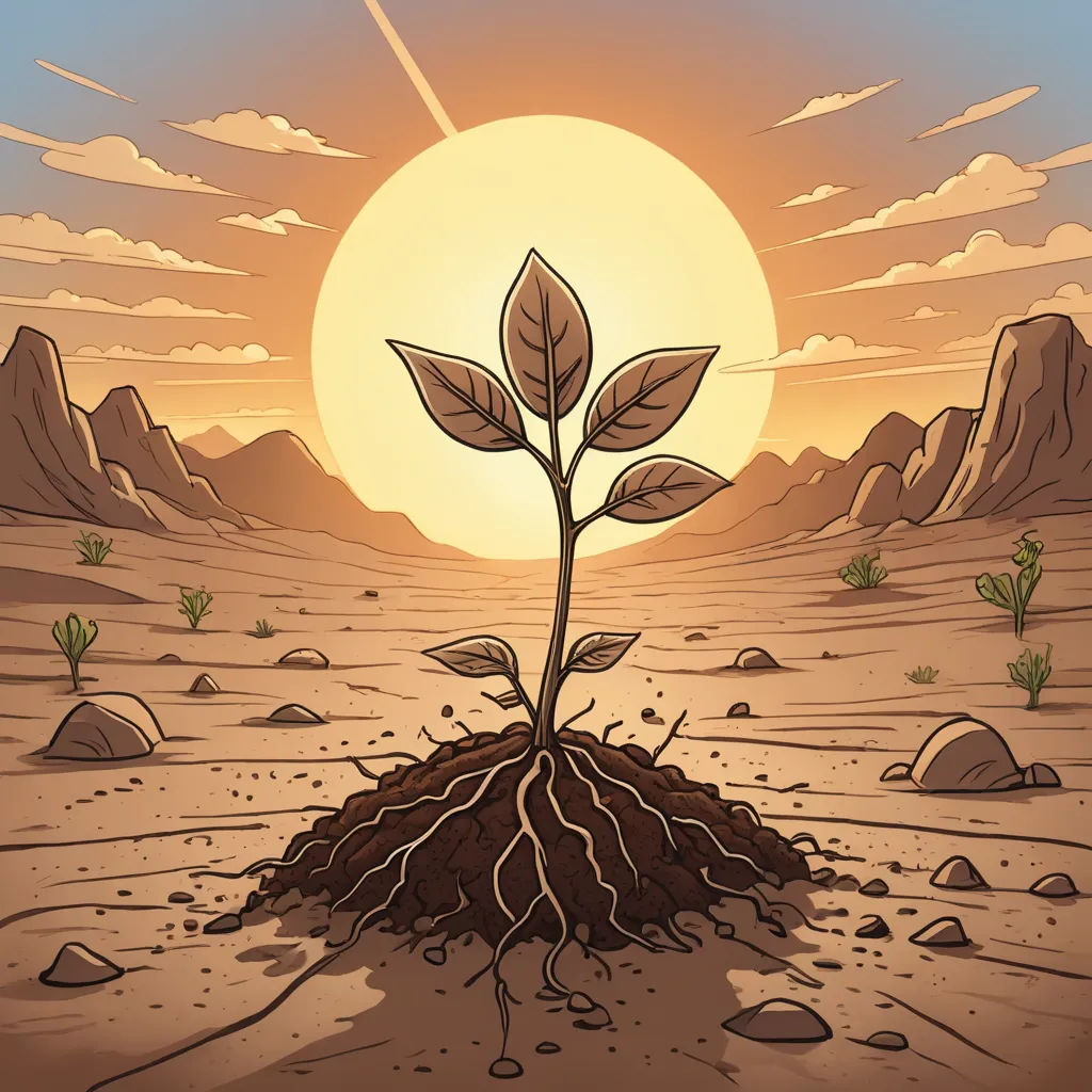a cartoon of a plant growing in the desert with the sun in the background and rocks and grass on the ground, sots art, an album cover, Dan Mumford, rossdraws global illumination