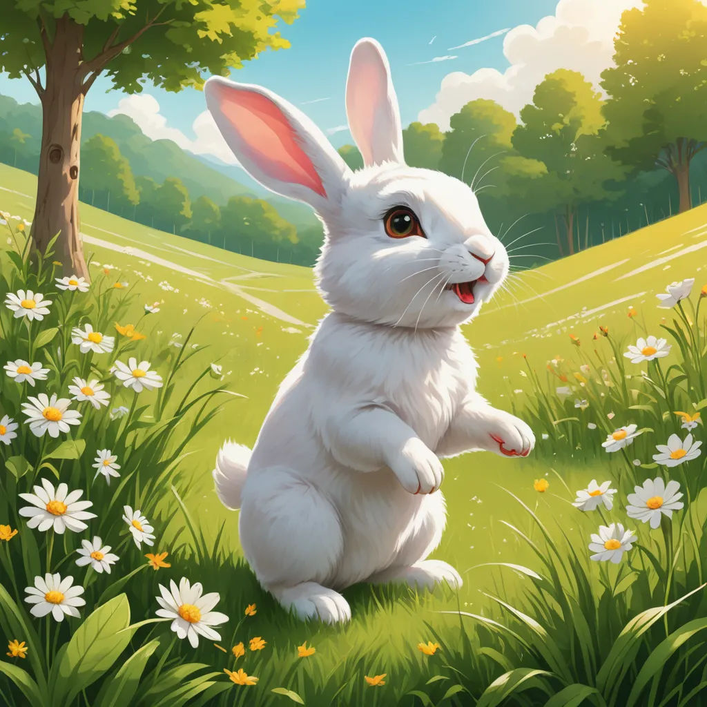 a white rabbit sitting in a field of daisies and daisies with a tree in the background and a blue sky with clouds, furry art, a digital painting, Chris LaBrooy, magic the gathering artwork