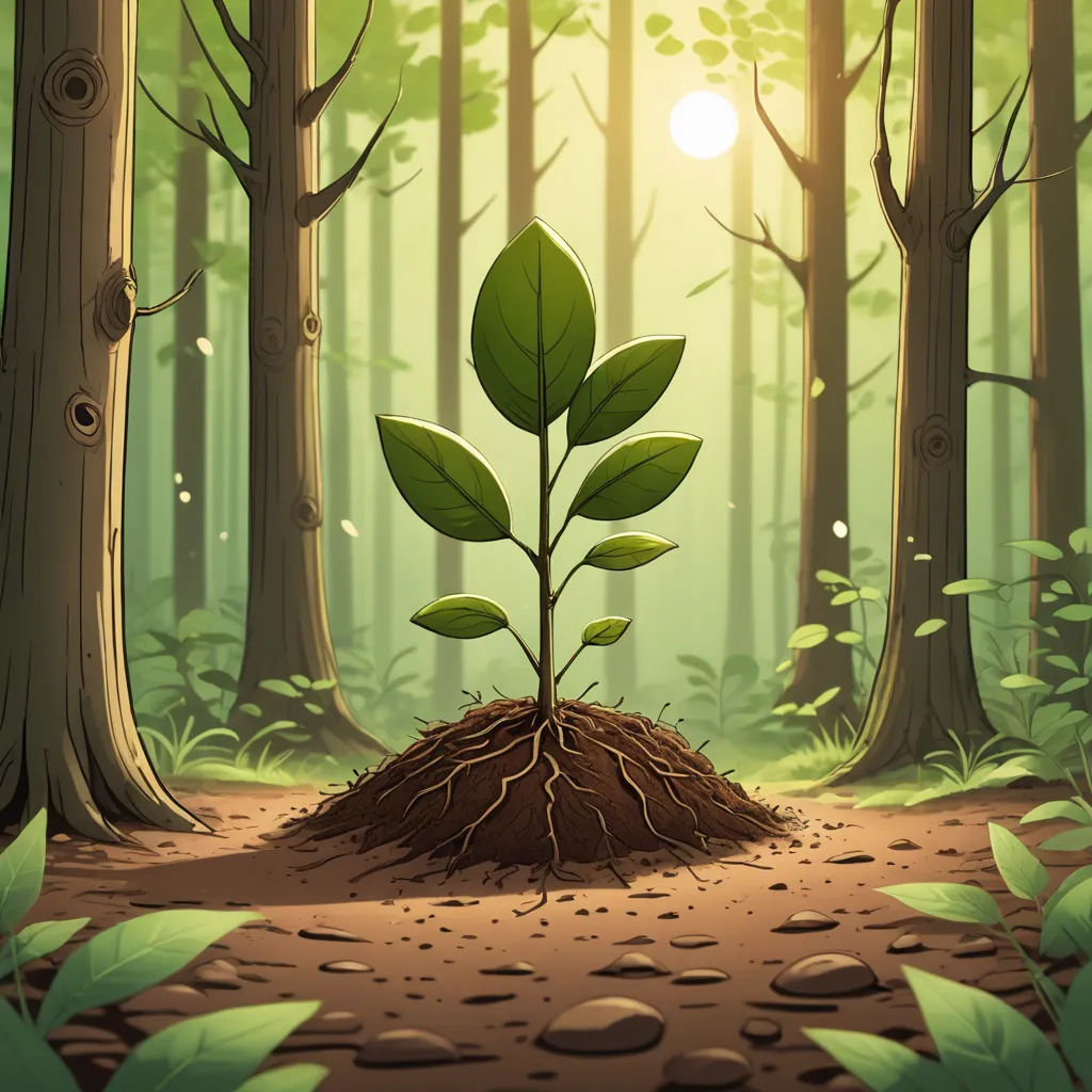 a green plant growing out of a dirt mound in a forest with sun shining through the trees and leaves, environmental art, a storybook illustration, David Martin, forest
