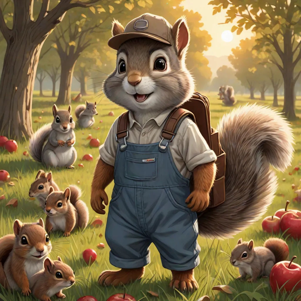 a squirrel with a backpack standing in a field of squirrels with apples in the background and a forest full of trees, furry art, a storybook illustration, Chris LaBrooy, official art