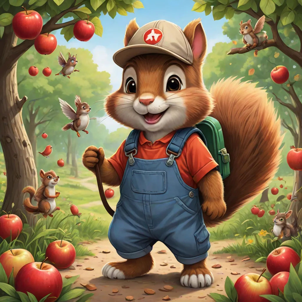 a squirrel with a backpack and a squirrel on a path in the woods with apples and a squirrel on the ground, sots art, a character portrait, Chris LaBrooy, official art