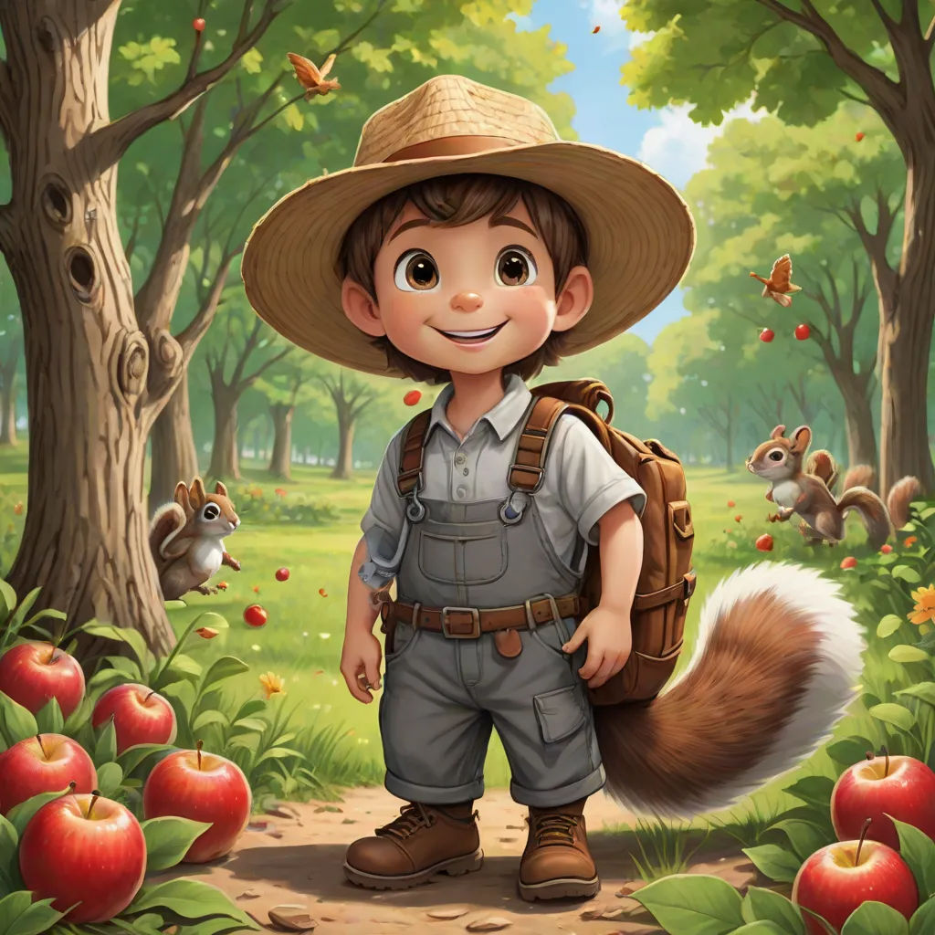 a boy in a hat and overalls stands in a forest with a squirrel and a squirrel on the ground, furry art, a storybook illustration, Aaron Jasinski, official art