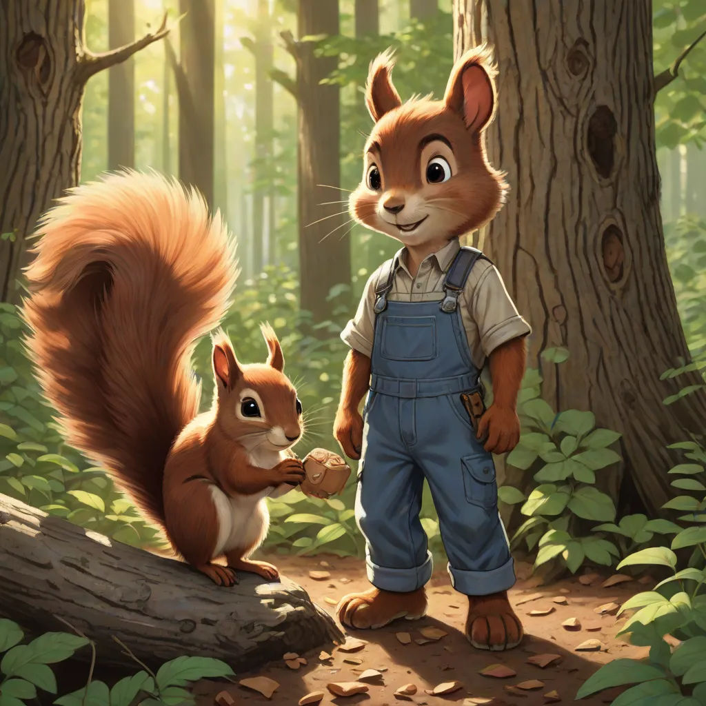 a squirrel and a squirrelling are standing in the woods together, one of them is holding the tail of another squirrel, furry art, a storybook illustration, Aaron Jasinski, official art