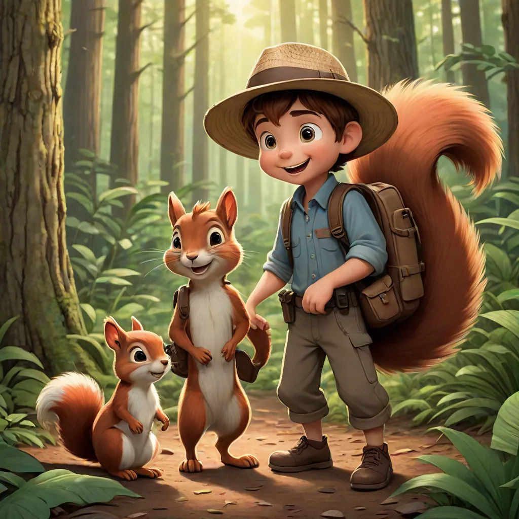 a boy with a backpack and two squirrels in the woods with trees and grass behind him, and a forest scene with a boy and a squirrel, furry art, concept art, Chris LaBrooy, official art