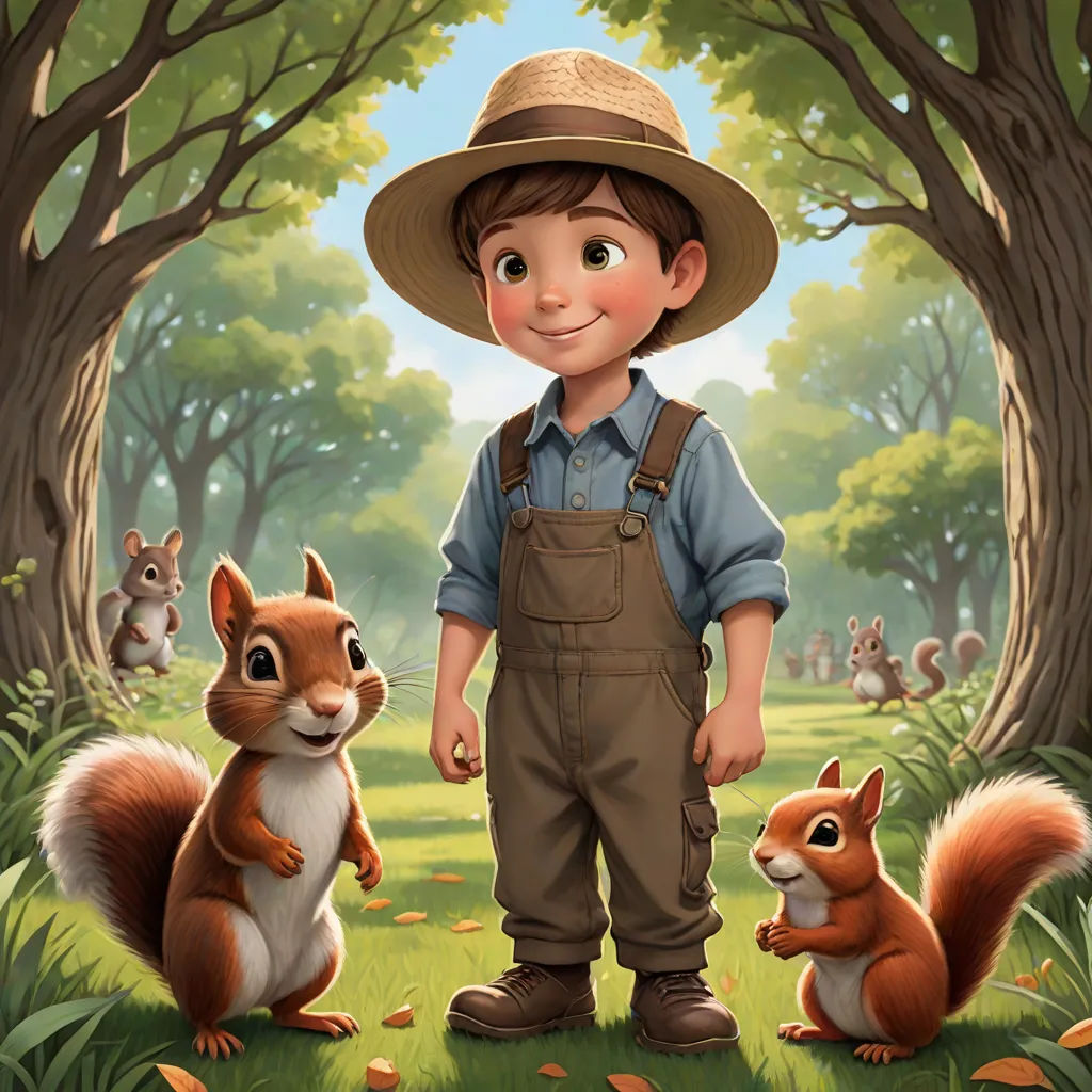 a boy in a hat standing next to two squirrels in a forest with trees and leaves on the ground, american scene painting, a storybook illustration, Aaron Jasinski, official art