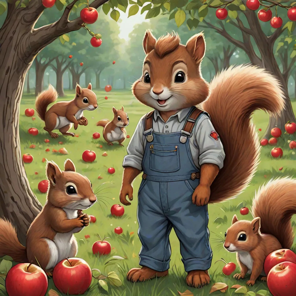 a painting of a squirrel and two squirrels in a field of apples with a man holding a squirrel's hand, furry art, a storybook illustration, Chris LaBrooy, official art