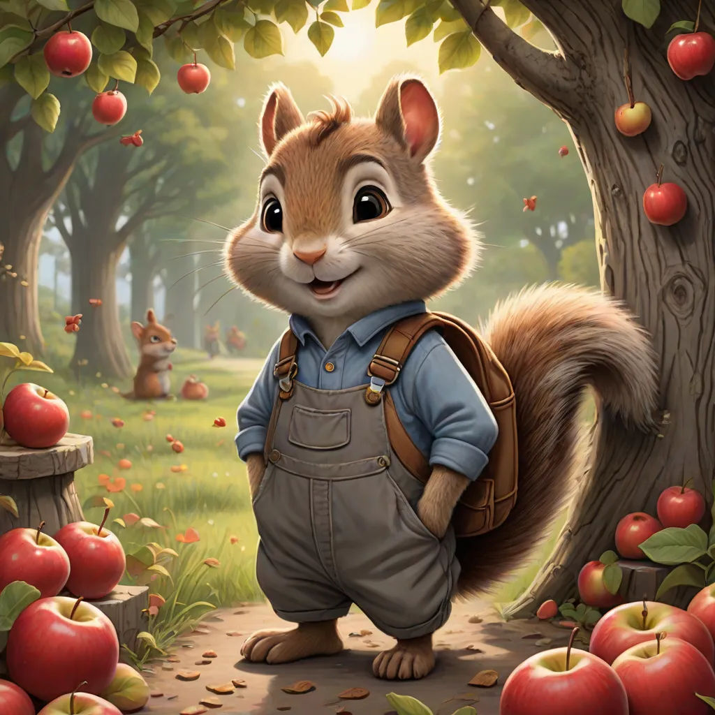 a squirrel with a backpack is standing in the woods with apples on the ground and a squirrel in the background, pop surrealism, a storybook illustration, Chris LaBrooy, official art