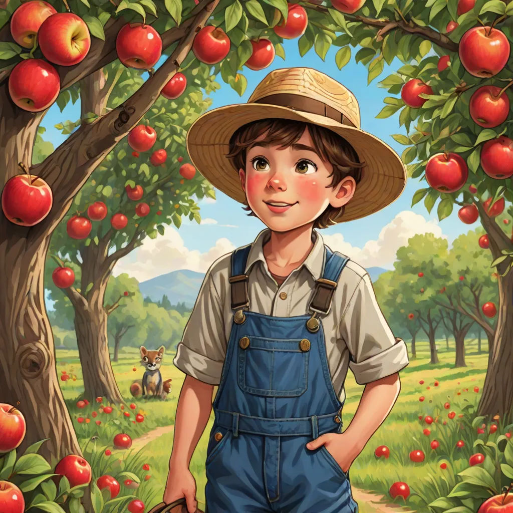a boy in overalls and a hat standing in front of a tree filled with apples with a dog, american scene painting, a storybook illustration, Aaron Jasinski, storybook illustration