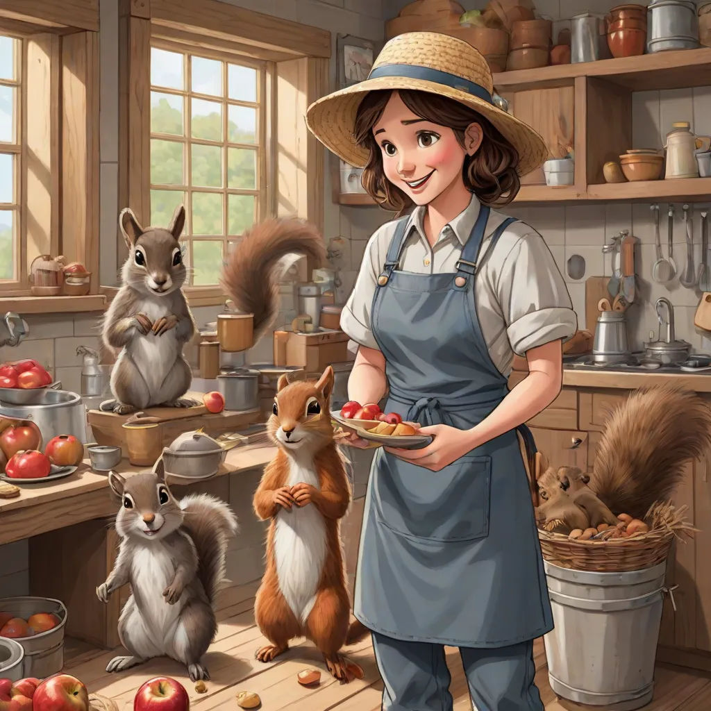 a woman holding a plate of food in a kitchen with squirrels and other animals around her and a squirrel on the counter, american scene painting, a storybook illustration, Beatrix Potter, official art