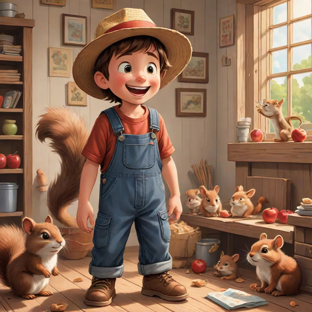 a boy in overalls and a hat standing next to a squirrel and a squirrel eating apples in a kitchen, sots art, a storybook illustration, Chris LaBrooy, official art
