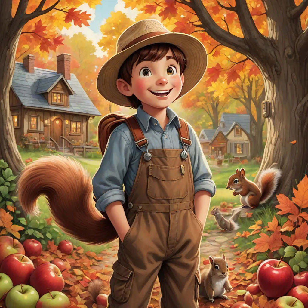 a boy in a hat and overalls standing in a forest with a squirrel and a squirrelling in front of him, american scene painting, a storybook illustration, Aaron Jasinski, kinkade