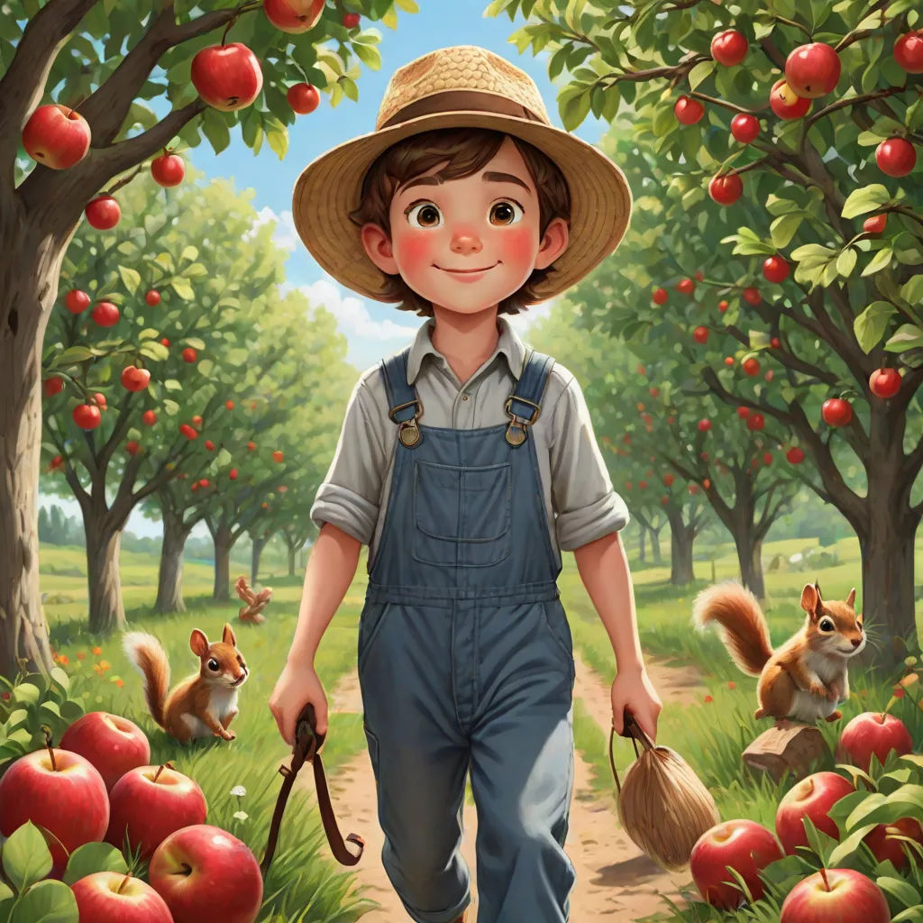 a painting of a boy walking through an apple orchard with a squirrel and squirrelling behind him, holding a broom, sots art, a storybook illustration, Aaron Jasinski, official art