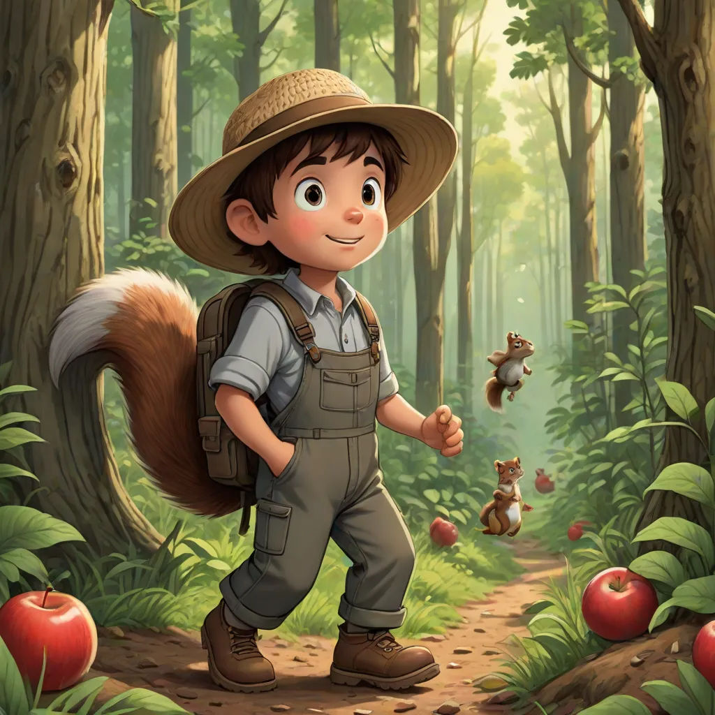 a boy in a hat and overalls is walking through the woods with a squirrel and an apple in his hand, furry art, a storybook illustration, Aaron Jasinski, official art