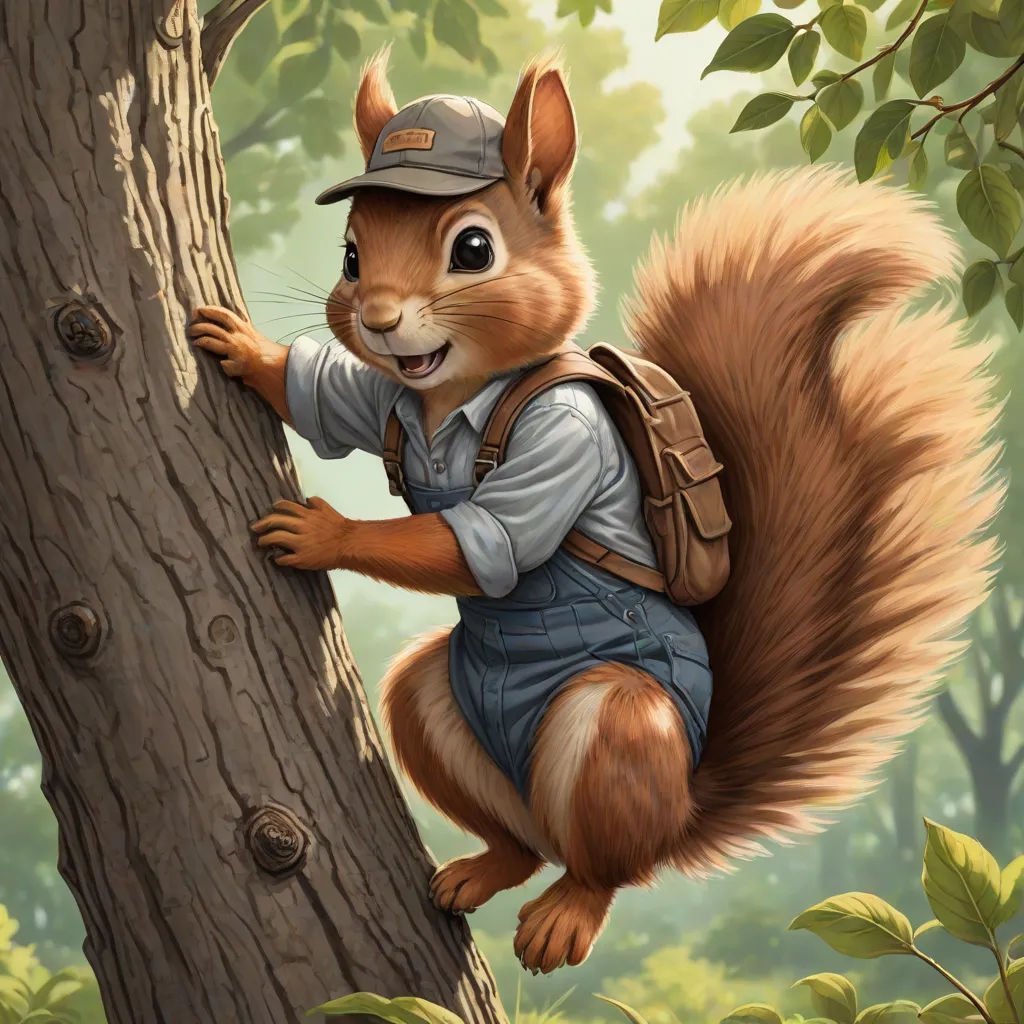 a squirrel is climbing a tree and smiling for the camera man's attention, while wearing a hat and overalls, furry art, a digital painting, Chris LaBrooy, professional digital painting