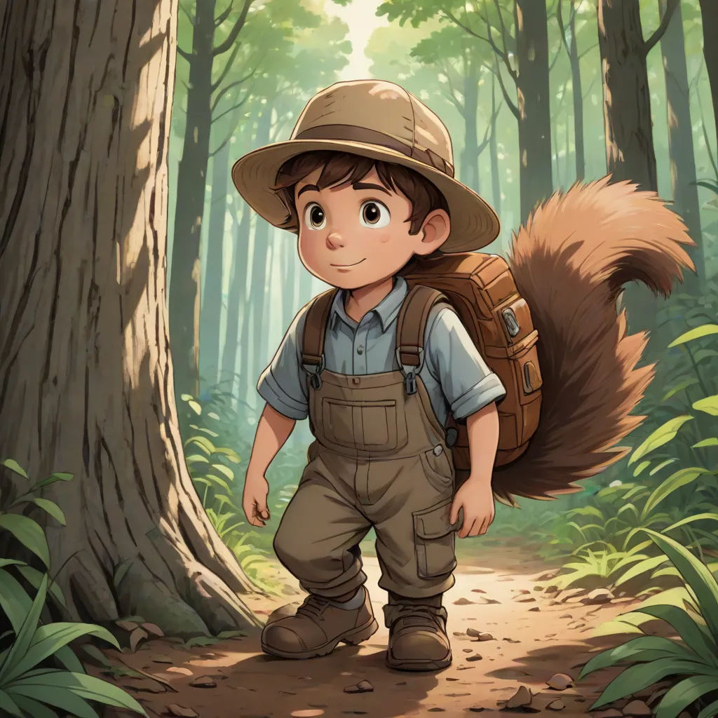 a boy in a hat and overalls is standing in the woods with a squirrel backpack on his back, furry art, a character portrait, Diego Gisbert Llorens, official art