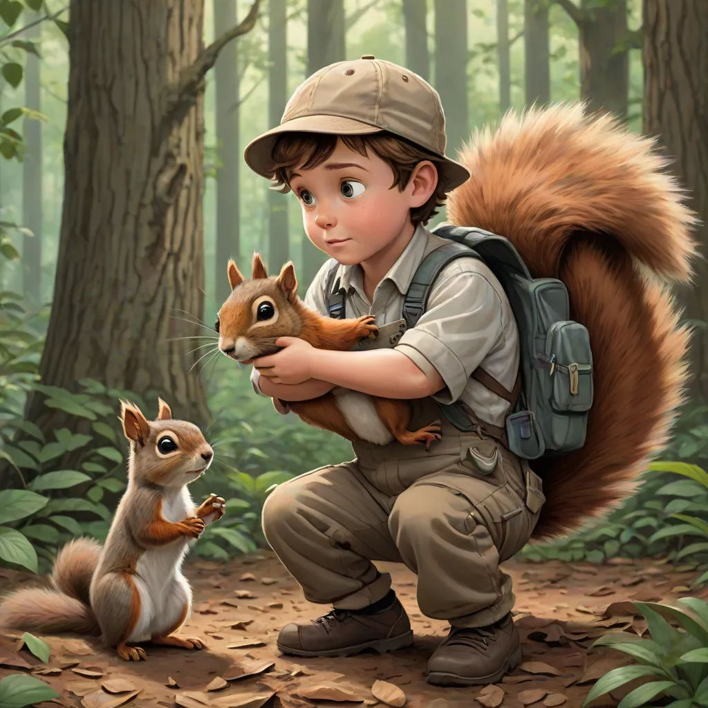 a boy in a hat is holding a squirrel in the woods while another squirrel is looking at him with a surprised look on his face, furry art, a storybook illustration, Aaron Jasinski, cgstudio