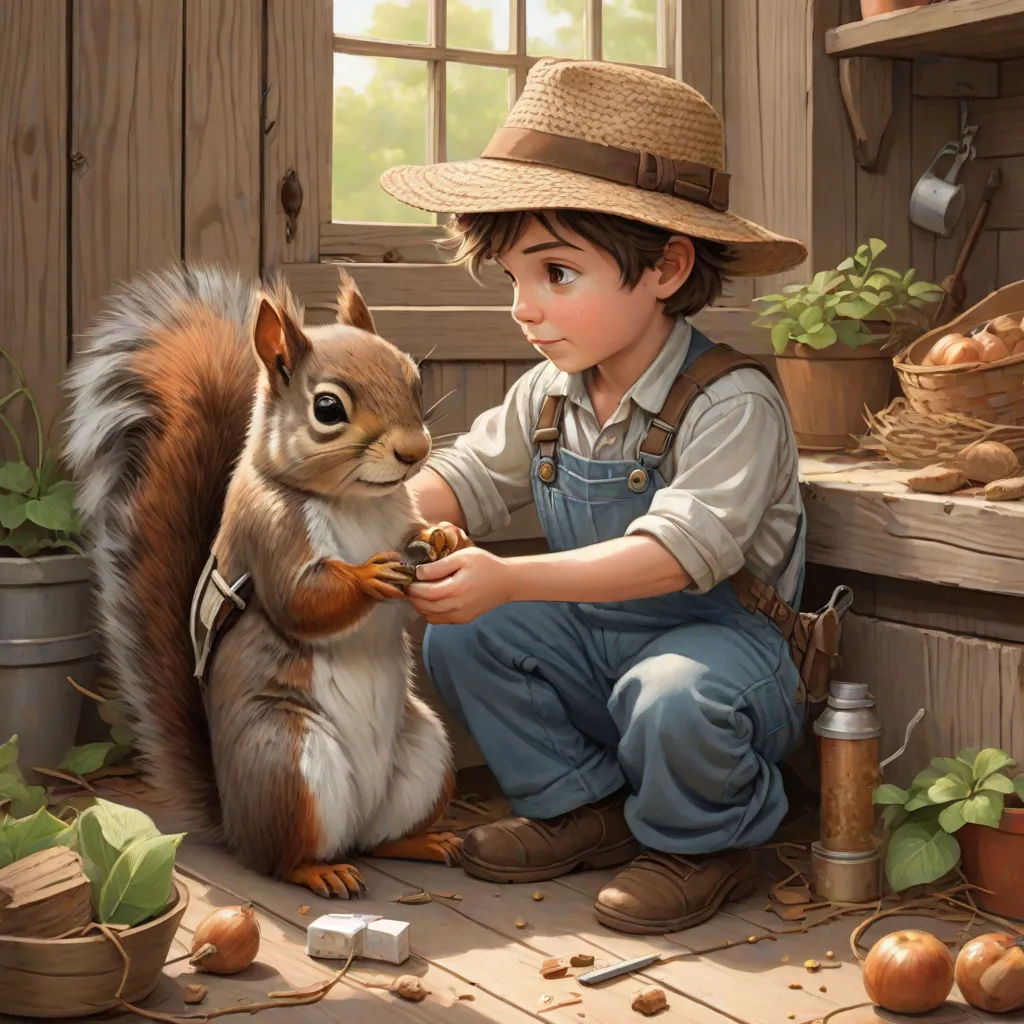a painting of a boy holding a squirrel in his hands and a squirrel in his lap, with a basket of nuts in the background, american scene painting, a storybook illustration, Aaron Jasinski, kinkade