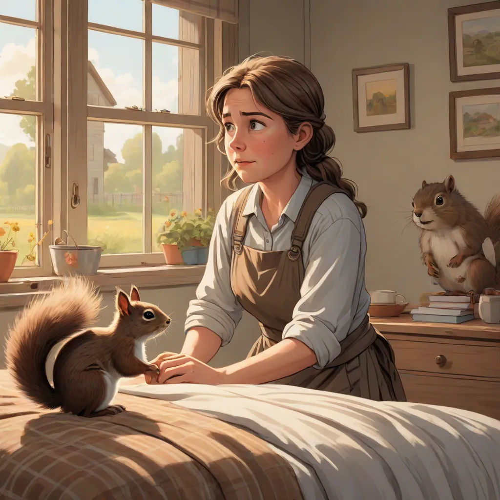 a woman sitting on a bed next to a squirrel and a window with a squirrel on it's side, american scene painting, a storybook illustration, Aaron Jasinski, official art