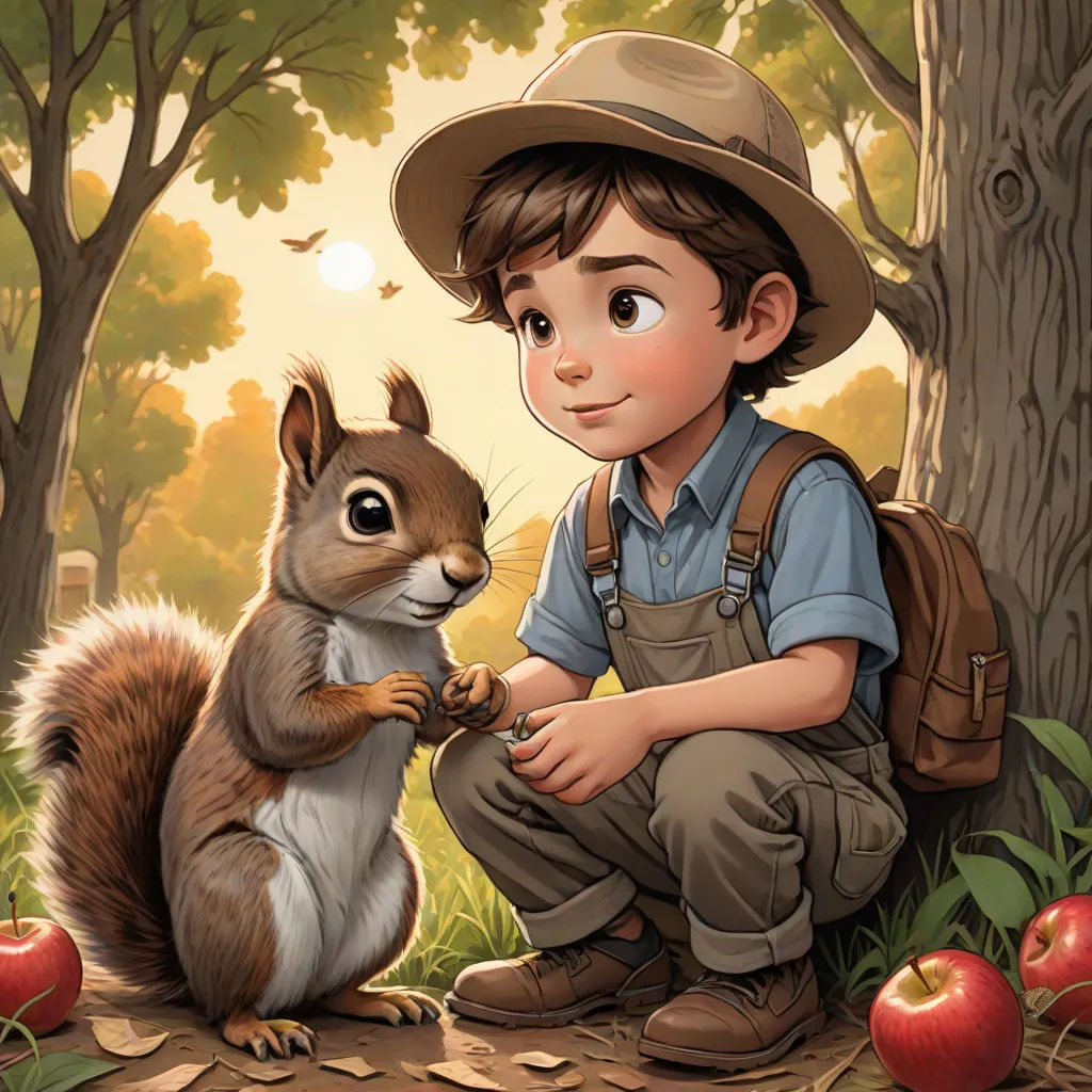 a boy kneeling down next to a squirrel in a forest with apples on the ground and a tree in the background, american scene painting, a storybook illustration, Aaron Jasinski, official art