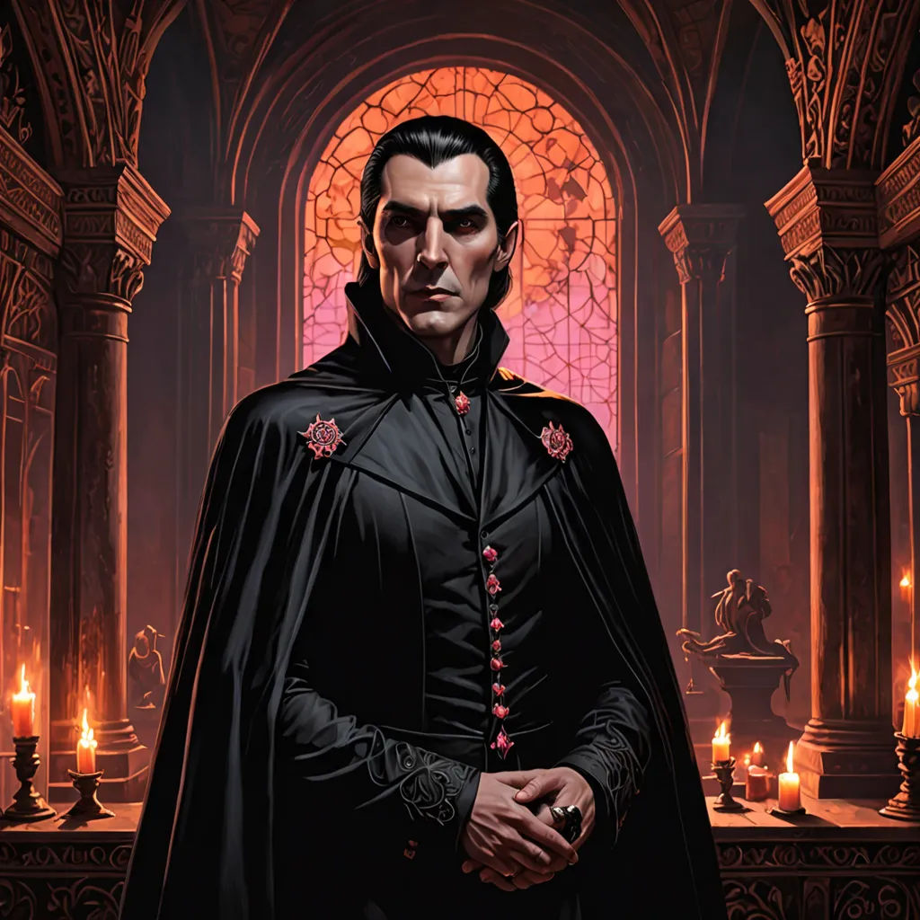 a man in a black cape standing in front of a window with candles in it and a stained glass window behind him, gothic art, a character portrait, Donato Giancola, magic the gathering artwork