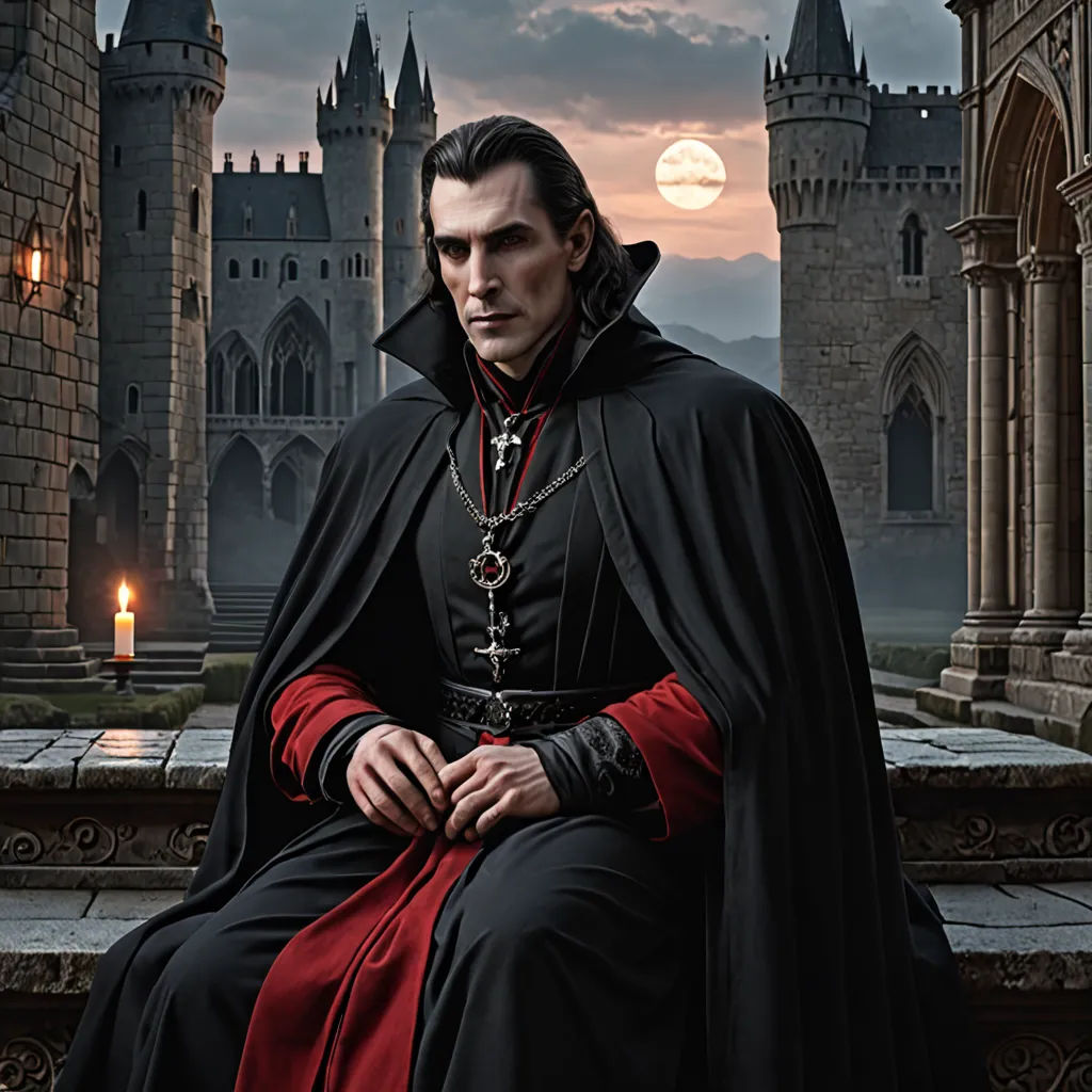 a man in a black robe sitting on a ledge in front of a castle with a full moon in the background, gothic art, a detailed matte painting, Dirk Crabeth, key art