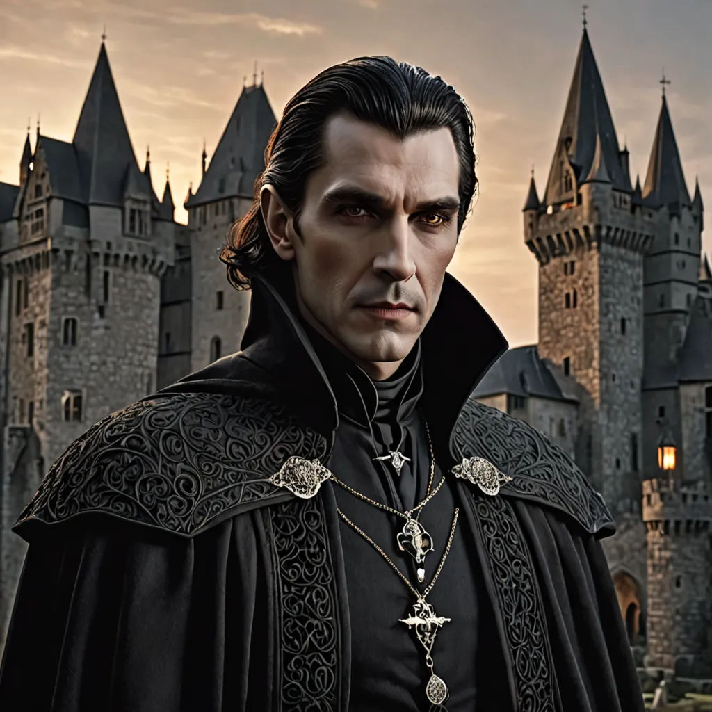 a man in a black robe and a castle in the background with a cross on his chest and a cross on his chest, gothic art, a detailed matte painting, Dirk Crabeth, promotional image