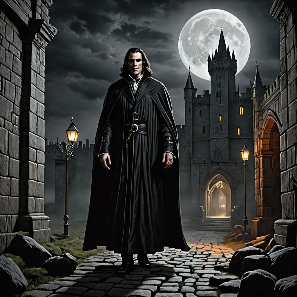a man in a robe standing in front of a castle entrance with a full moon in the background and a castle with a clock tower, gothic art, a detailed matte painting, Dirk Crabeth, promotional image