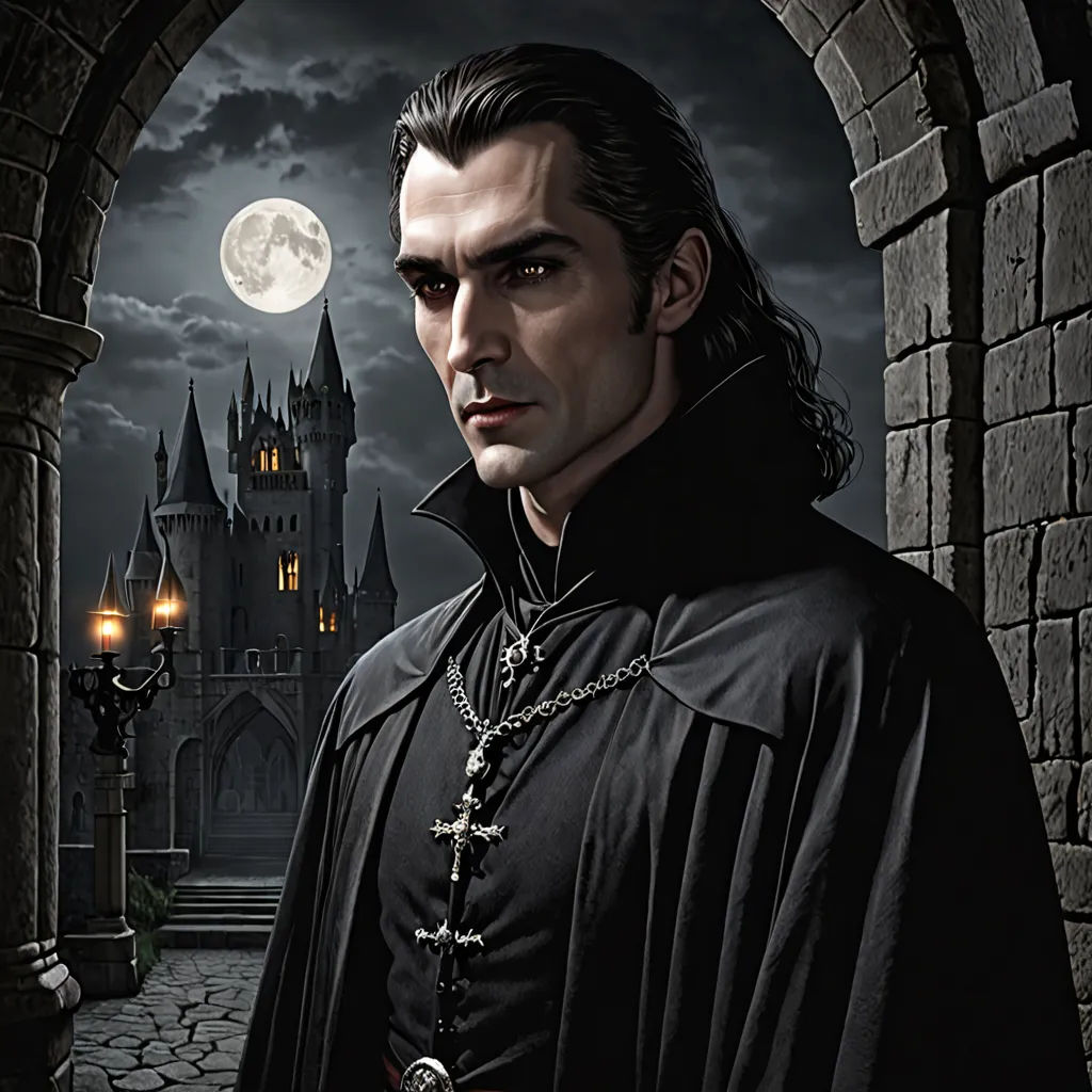 a man in a black robe standing in front of a castle with a full moon behind him and a castle in the background, gothic art, a character portrait, Anne Stokes, dark shadows