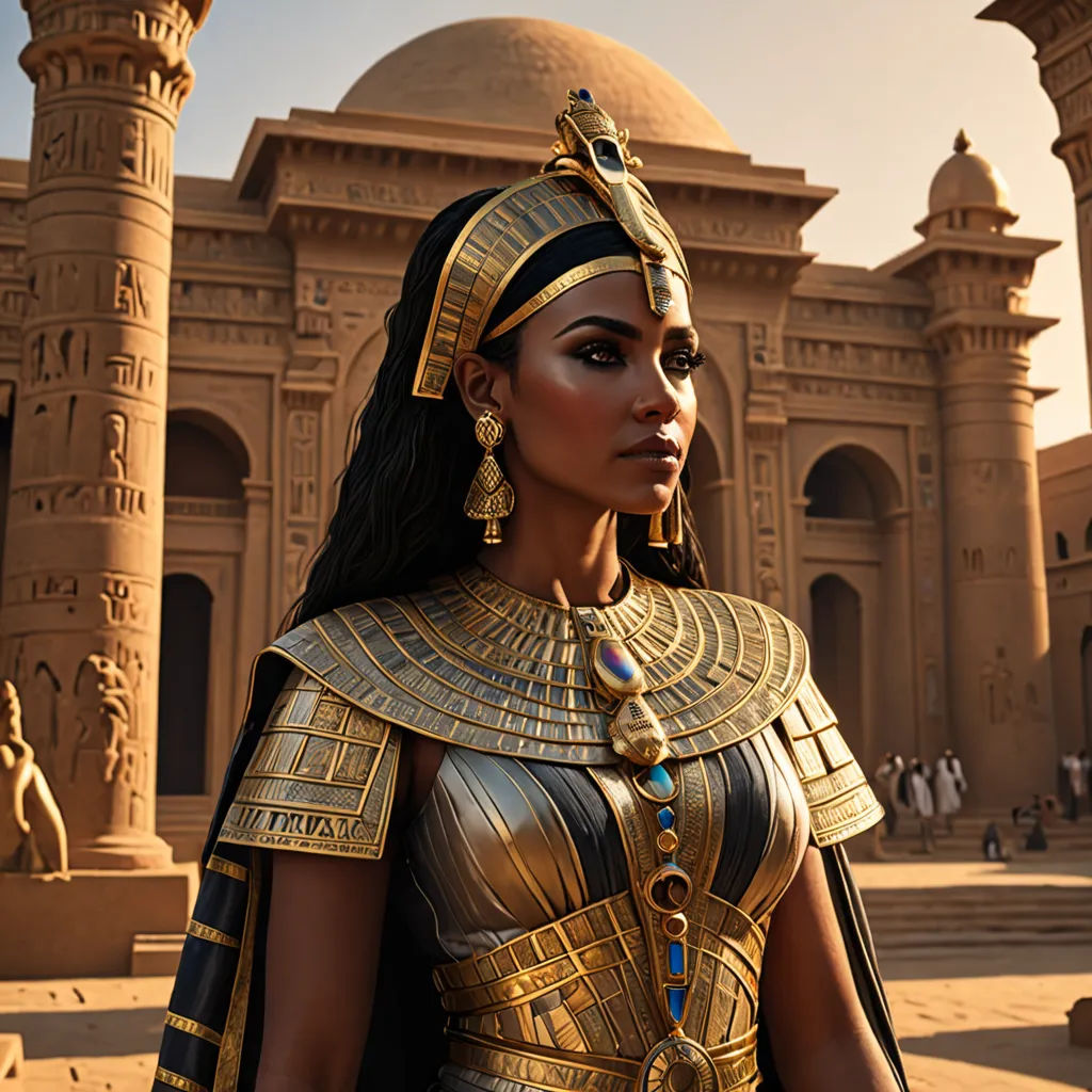 a woman in a gold costume standing in front of a building with a dome in the background and a statue of a pharaoh, afrofuturism, egyptian art, Altoon Sultan, promotional image