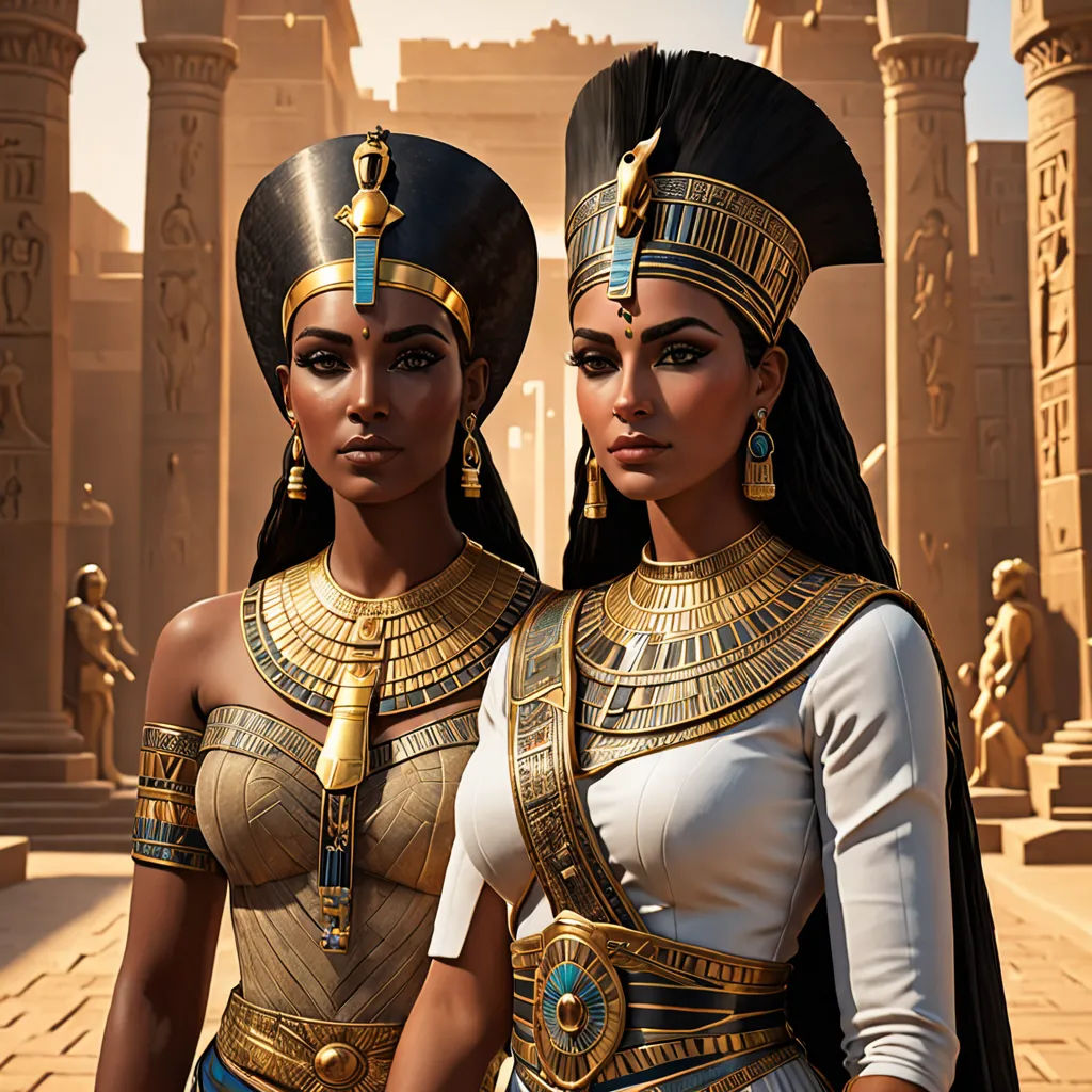 two women in egyptian costumes standing in front of a building with columns and pillars in the background, with a backdrop of ancient egyptian architecture, fantasy art, egyptian art, Altoon Sultan, very detailed faces