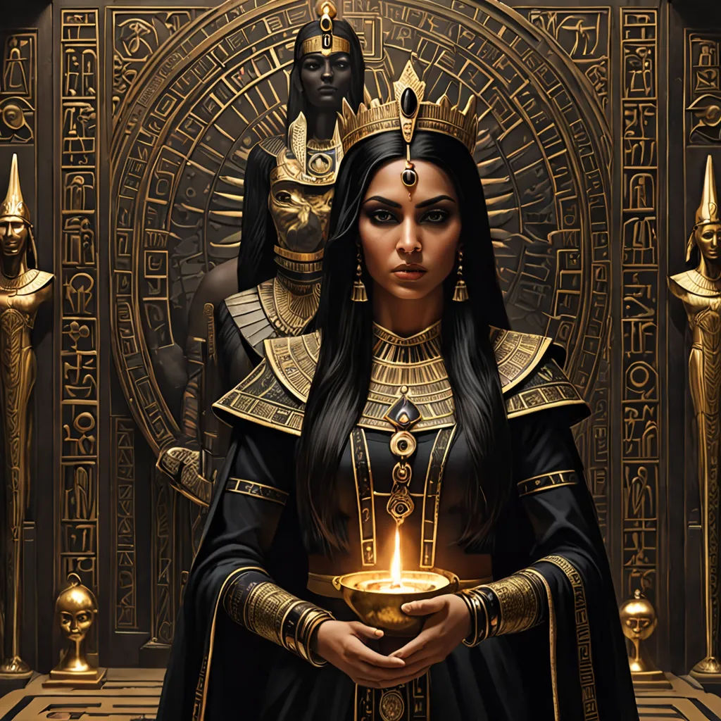 a woman in a black dress holding a candle in her hands and a golden mask on her head and a golden throne behind her, fantasy art, egyptian art, Donato Giancola, dark fantasy art