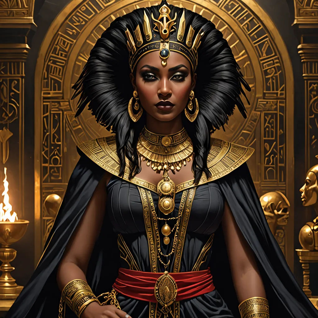 a woman dressed in a black and gold costume with a golden headpiece and a gold necklace and a gold necklace, afrofuturism, a detailed painting, Donato Giancola, magic the gathering artwork