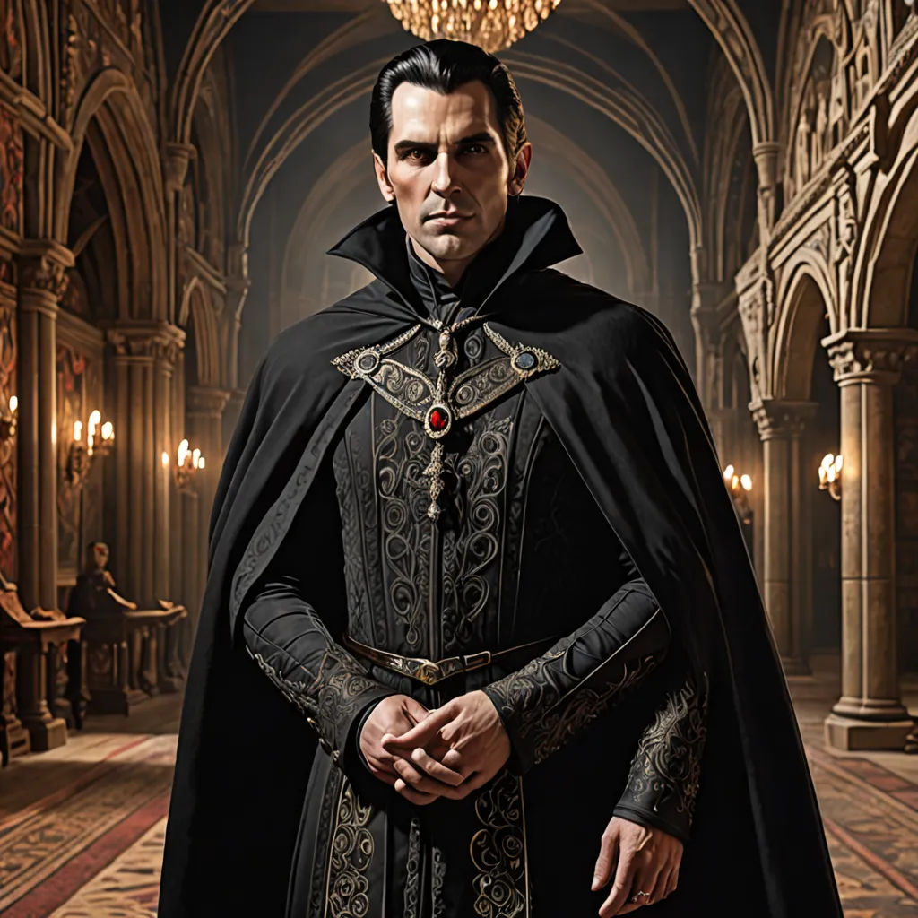 a man in a black cloak and a red and gold necklace standing in a hall with a chandelier, gothic art, a character portrait, Dirk Crabeth, dark shadows