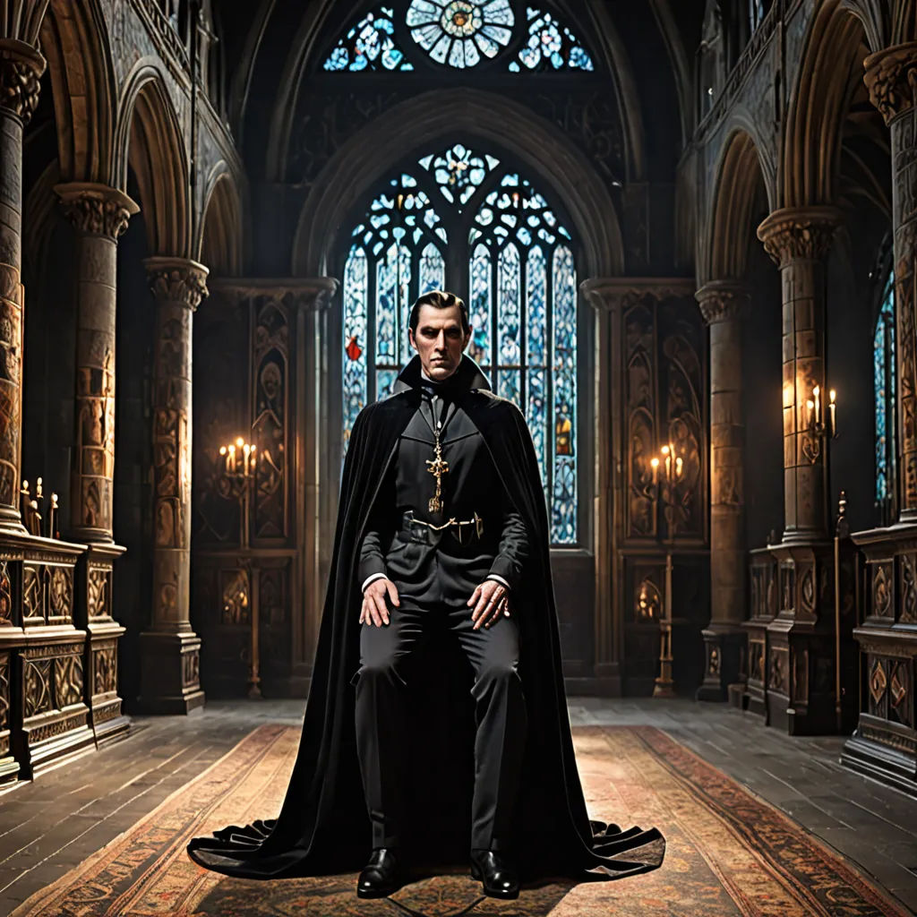 a man dressed in a black cloak and cape sitting on a chair in a gothic style hall with stained glass windows, gothic art, a poster, David Macaulay, promotional image