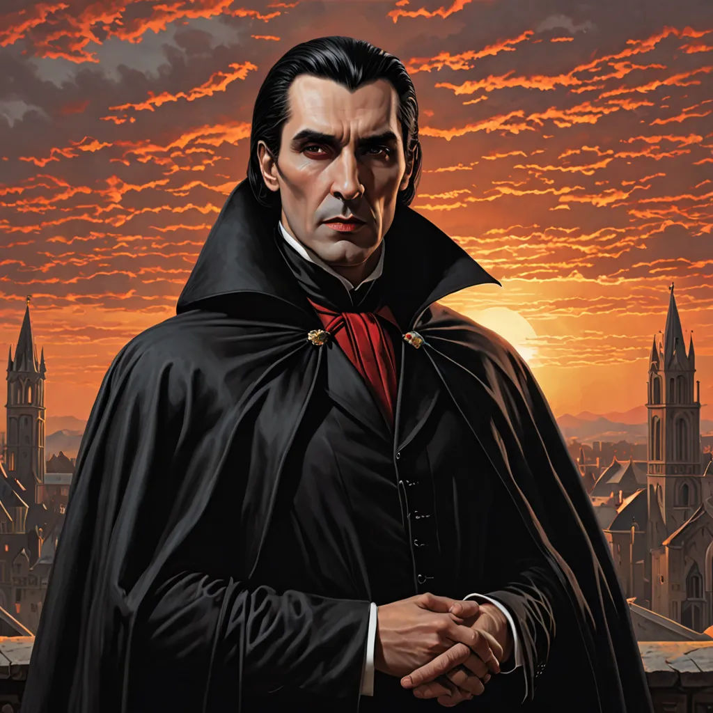 a painting of a man in a black cloak with a red tie and a red shirt on, standing in front of a sunset, gothic art, a character portrait, Anne Stokes, magic the gathering artwork