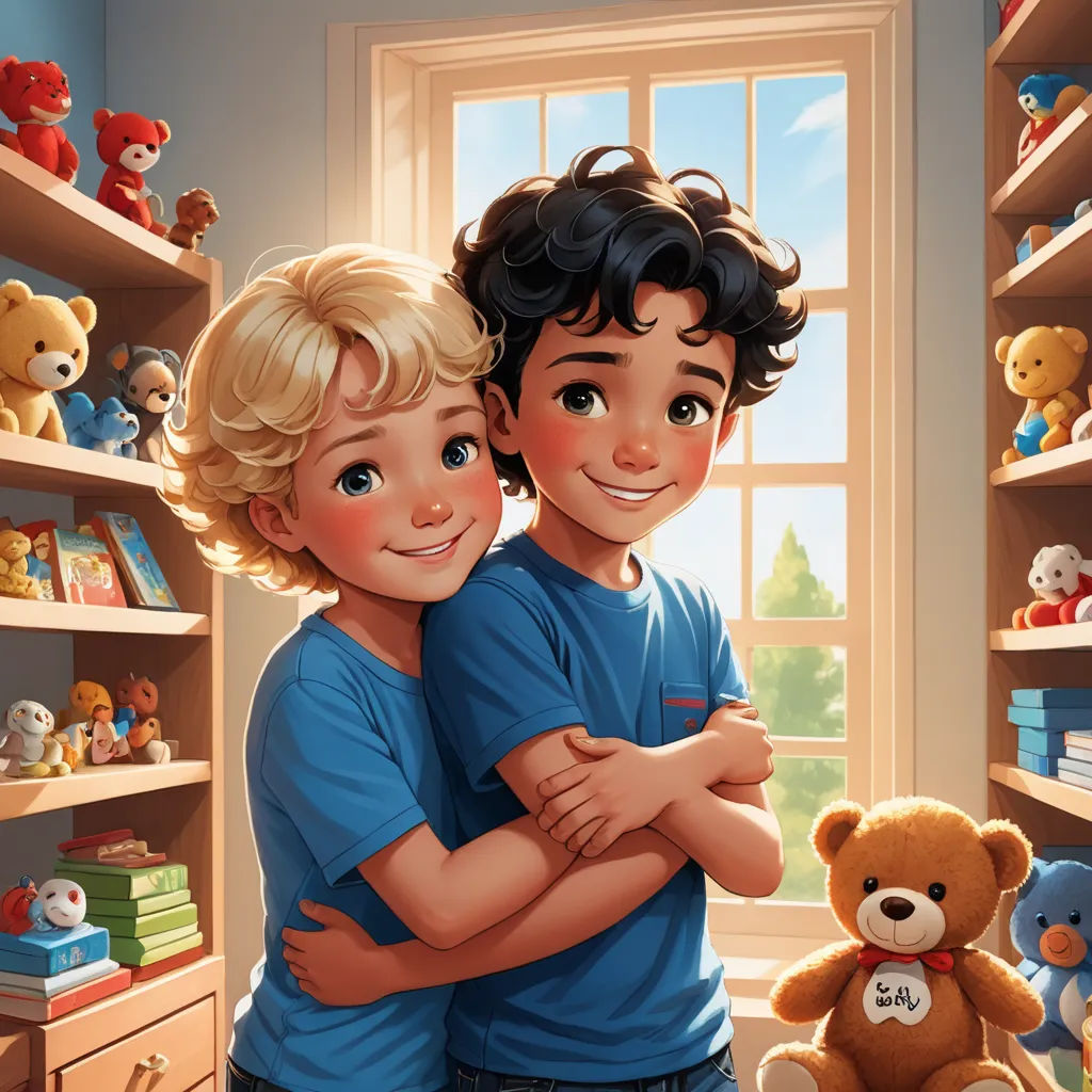 a boy and a girl hugging in a room with teddy bears and books on shelves behind them and a window, sots art, a storybook illustration, Brothers Hildebrandt, storybook illustration