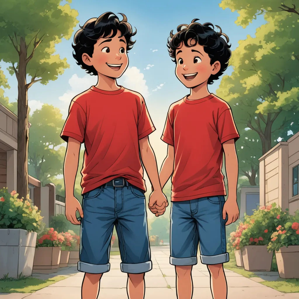 two young boys standing on a sidewalk holding hands and smiling at each other with a tree in the background, vancouver school, a comic book panel, Brothers Hildebrandt, official art