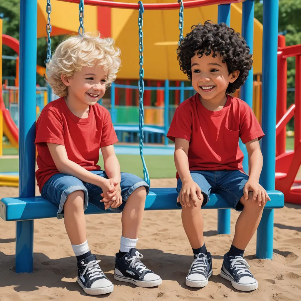 two children sitting on a swing in a playground smiling at the camera, with a playground in the background, barbizon school, a stock photo, Christian Hilfgott Brand, detailed product photo