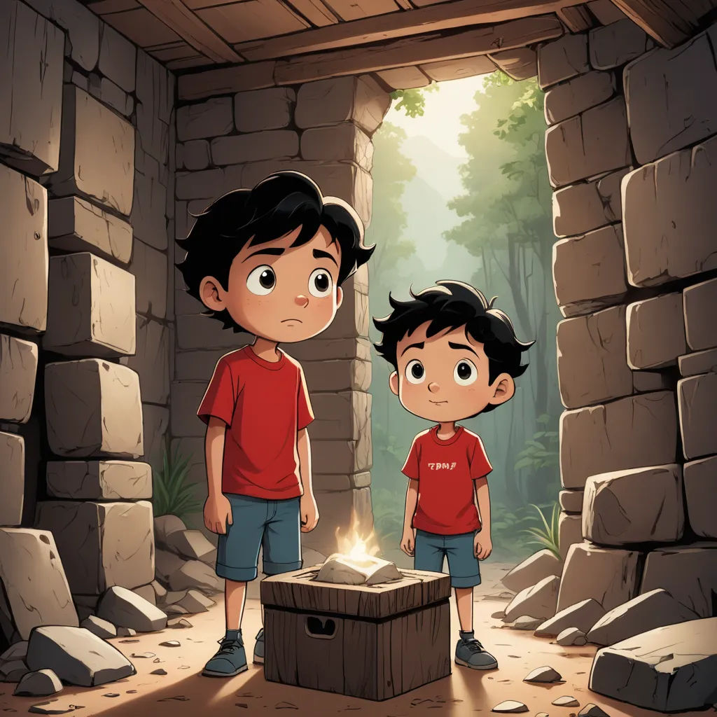 two children stand in a cave with a box of fire in front of them and a light coming from the door, serial art, a storybook illustration, Diego Gisbert Llorens, rossdraws global illumination