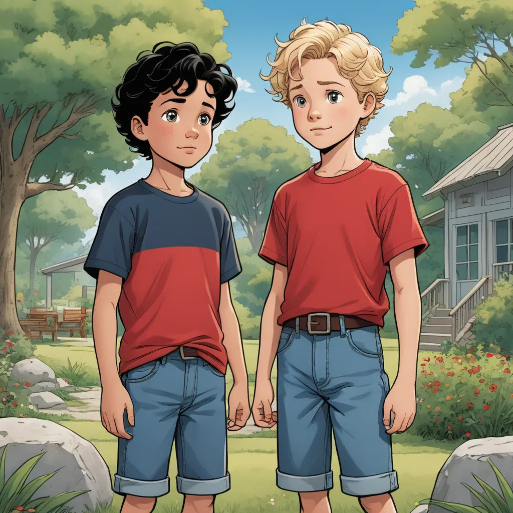 two young boys standing next to each other in front of a house and trees with a dog on the ground, sots art, a storybook illustration, Brothers Hildebrandt, graphic novel