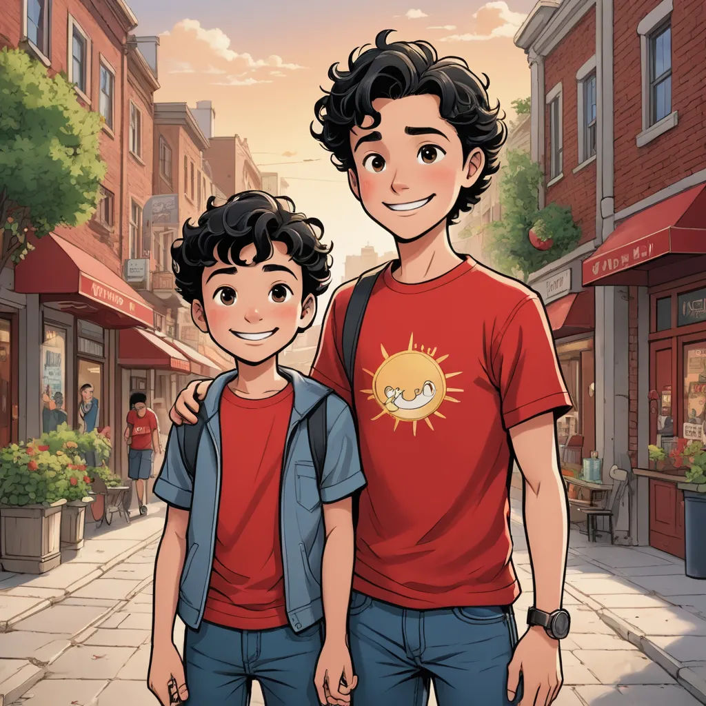 a boy and a boy are standing in front of a building and a street with a sun on his shirt, lyco art, a comic book panel, Everett Warner, official art