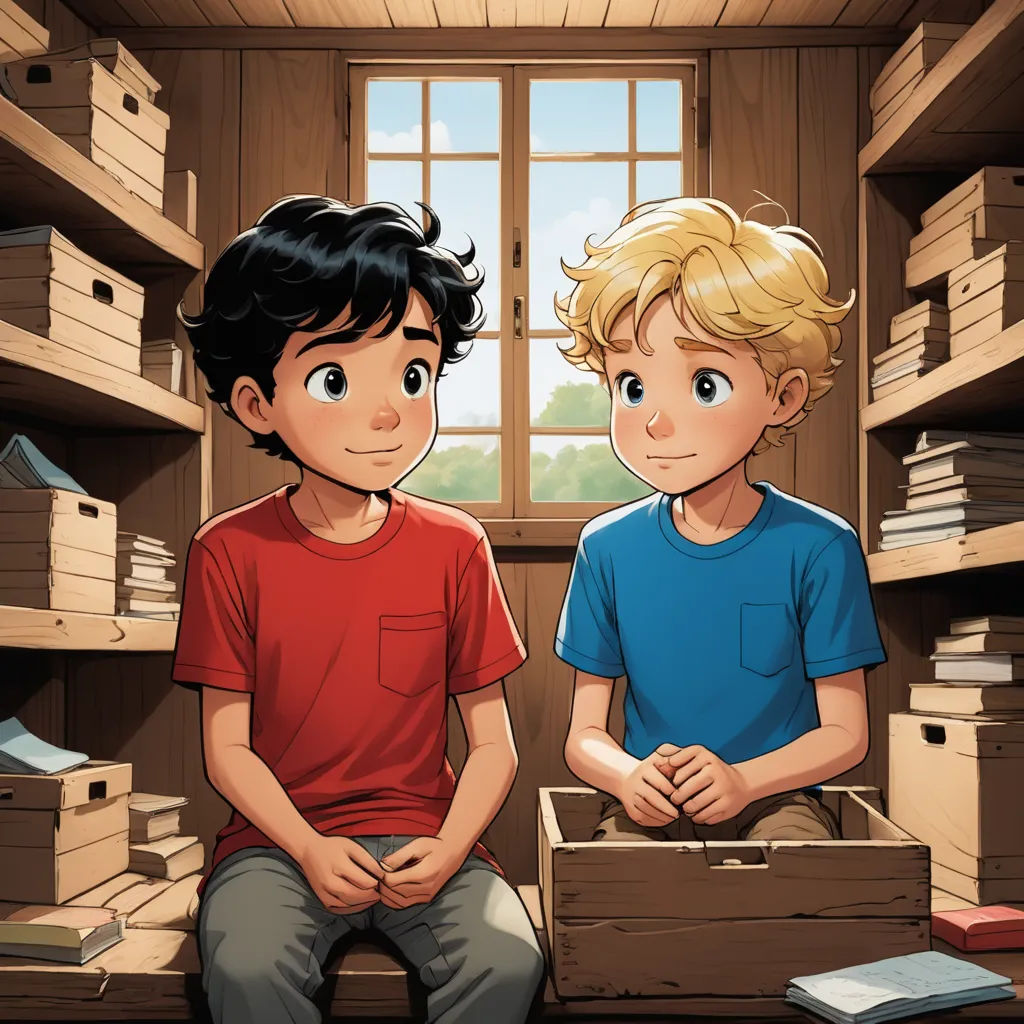 a boy and a boy sitting in a room with boxes of books on the floor and a window with a view of the outside, sots art, a storybook illustration, Diego Gisbert Llorens, official art