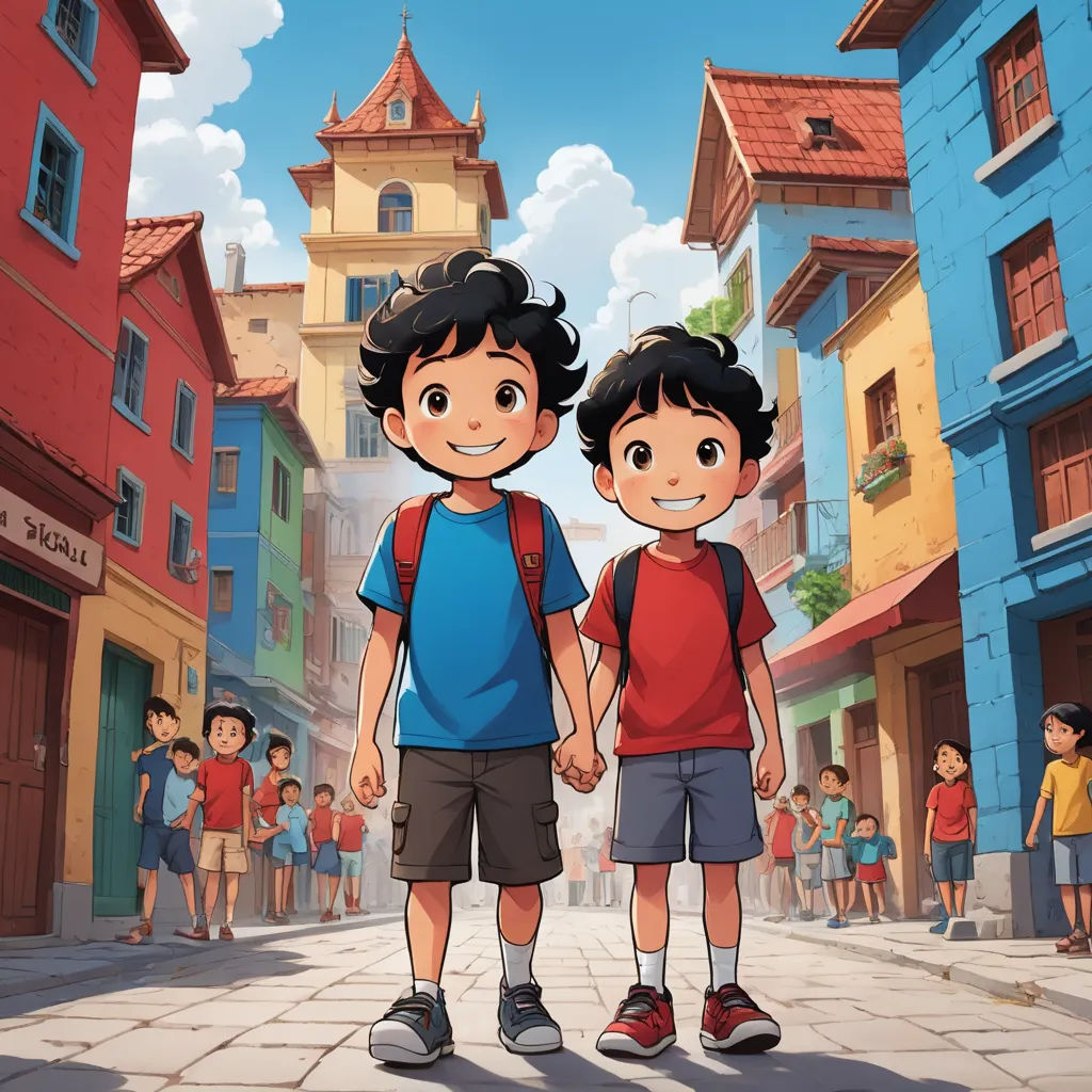 a couple of kids standing next to each other on a street with buildings in the background and people walking around, paris school, a storybook illustration, Brothers Hildebrandt, official art