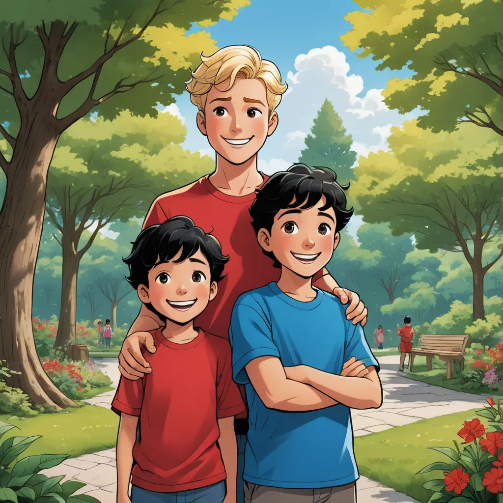 a man and two boys standing in a park with trees and flowers behind them, with a park bench in the background, sots art, a storybook illustration, Adam Dario Keel, official art