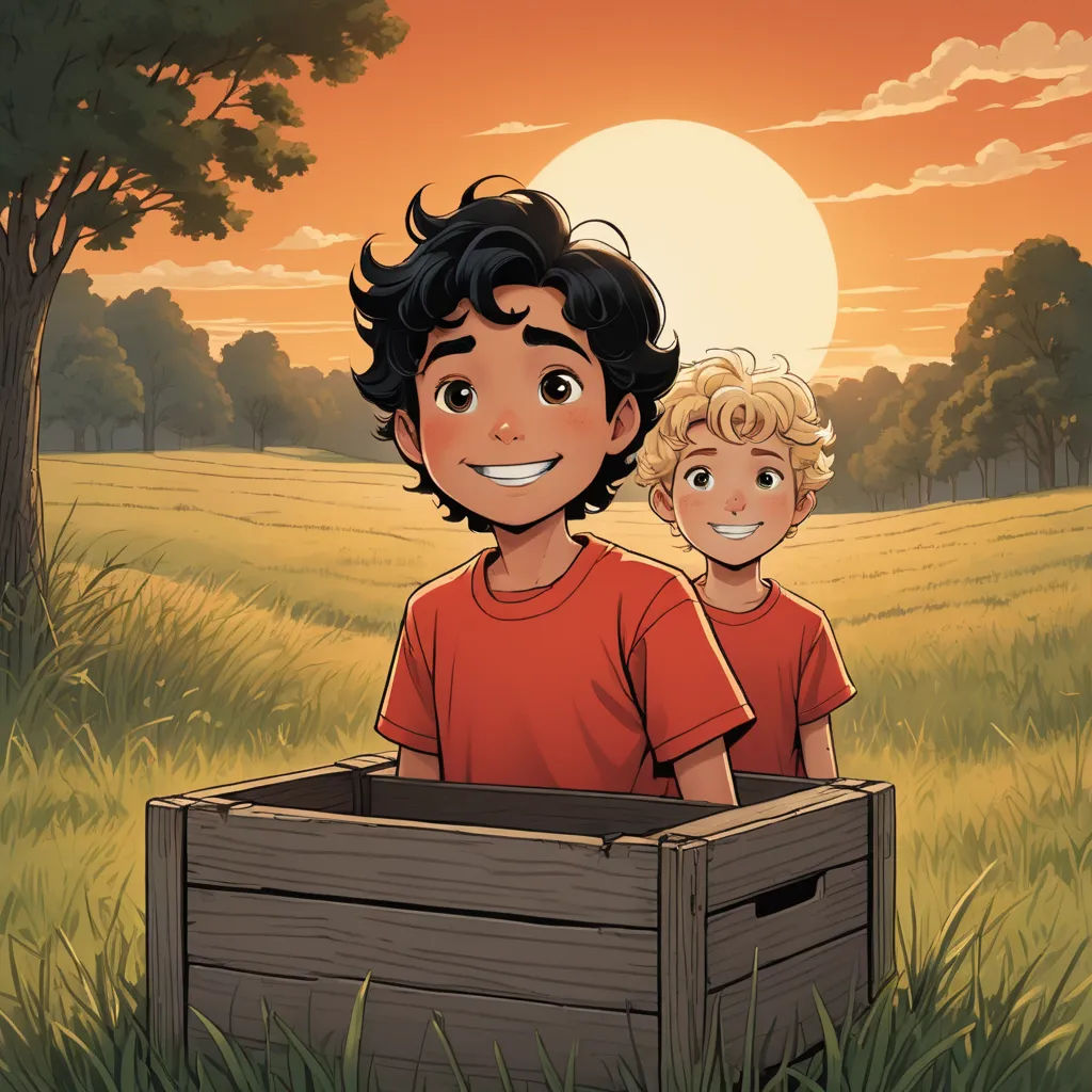 a boy and a boy are standing in a box in a field with a sunset in the background and a boy is smiling, private press, a storybook illustration, Eden Box, comic cover art