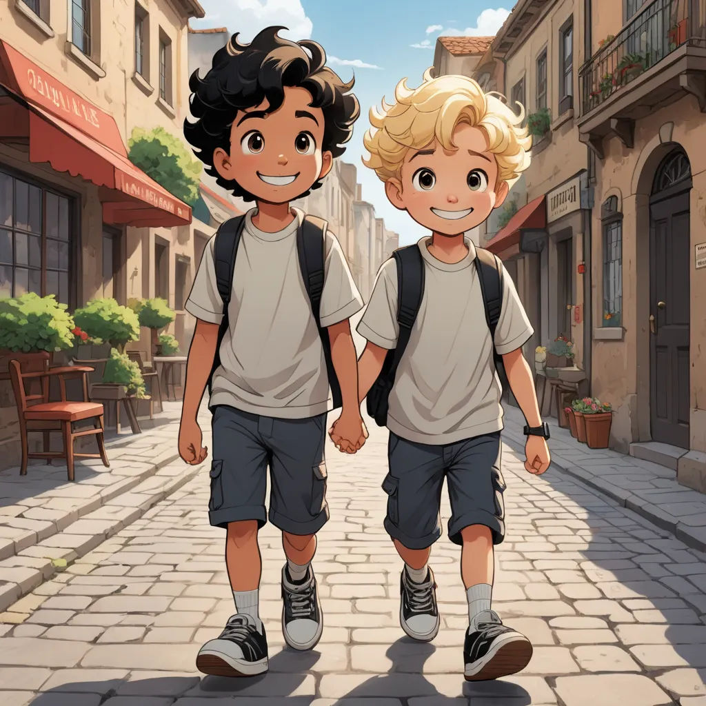 two young boys walking down a street holding hands and smiling at the camera, with buildings in the background, paris school, a comic book panel, Diego Gisbert Llorens, official art