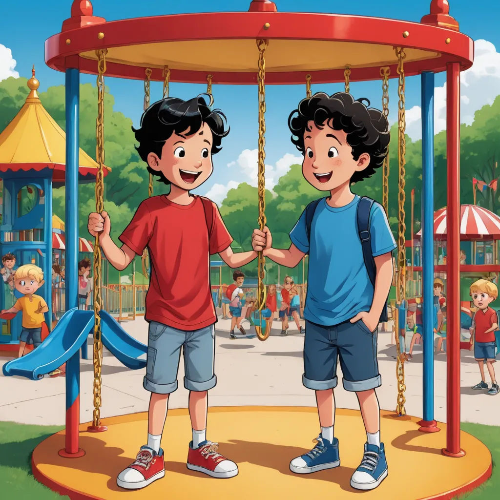 two young boys playing in a playground with swings and swings set in the background, while a crowd of children watch, lyco art, a storybook illustration, Brothers Hildebrandt, promotional image