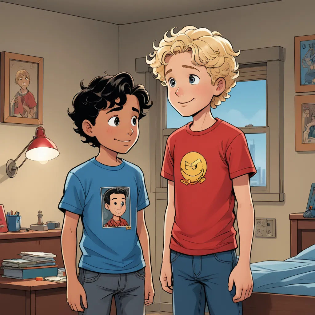 a boy and a girl standing in a bedroom with a bed and a desk with a lamp on it, sots art, a comic book panel, Felix-Kelly, official art
