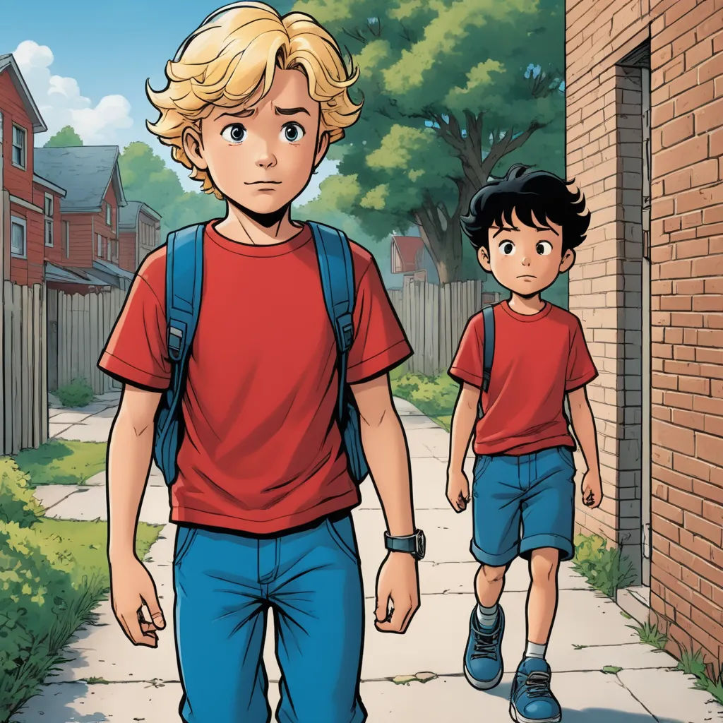 a boy and a boy walking down a sidewalk in front of a brick building with a tree in the background, process art, a comic book panel, Brothers Hildebrandt, comic cover art
