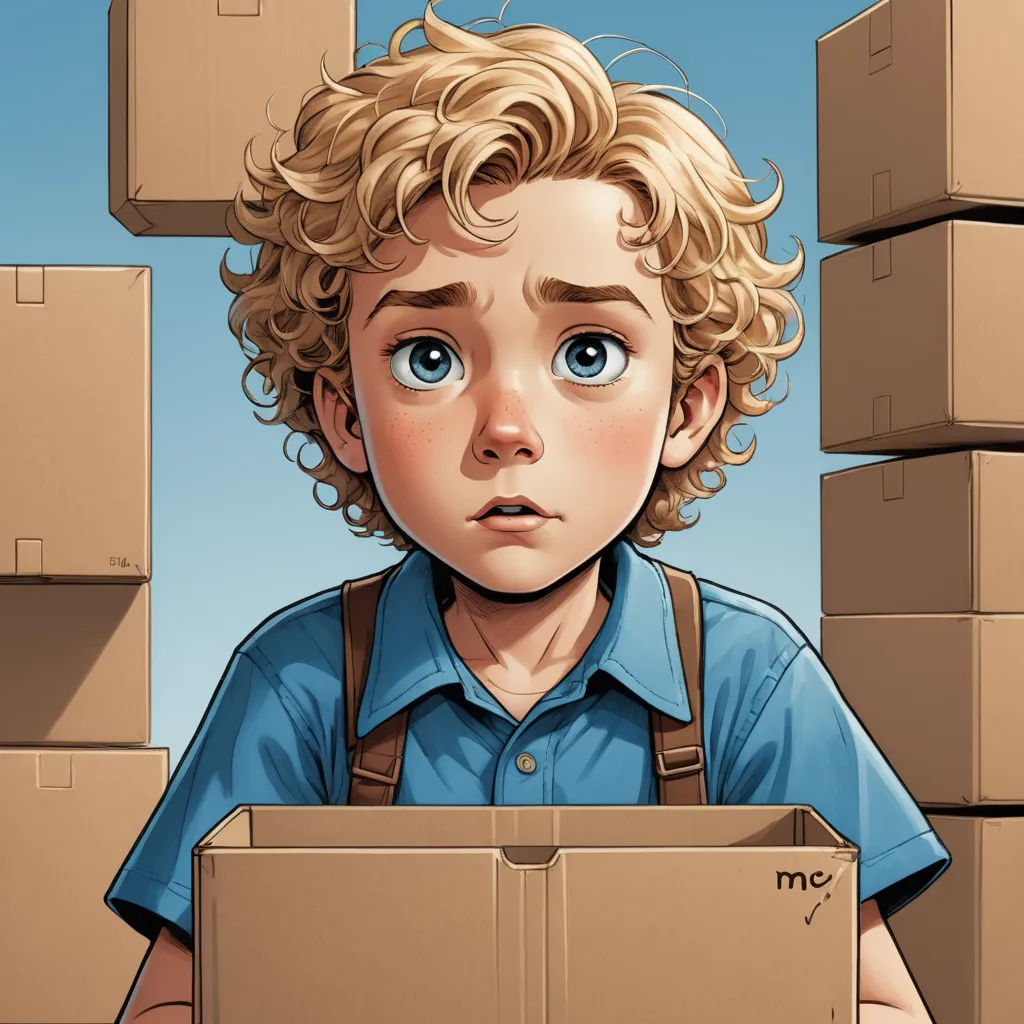 a boy with a box in his hands and boxes on his head behind him, with a blue shirt on, hyperrealism, a storybook illustration, Aaron Jasinski, rossdraws global illumination